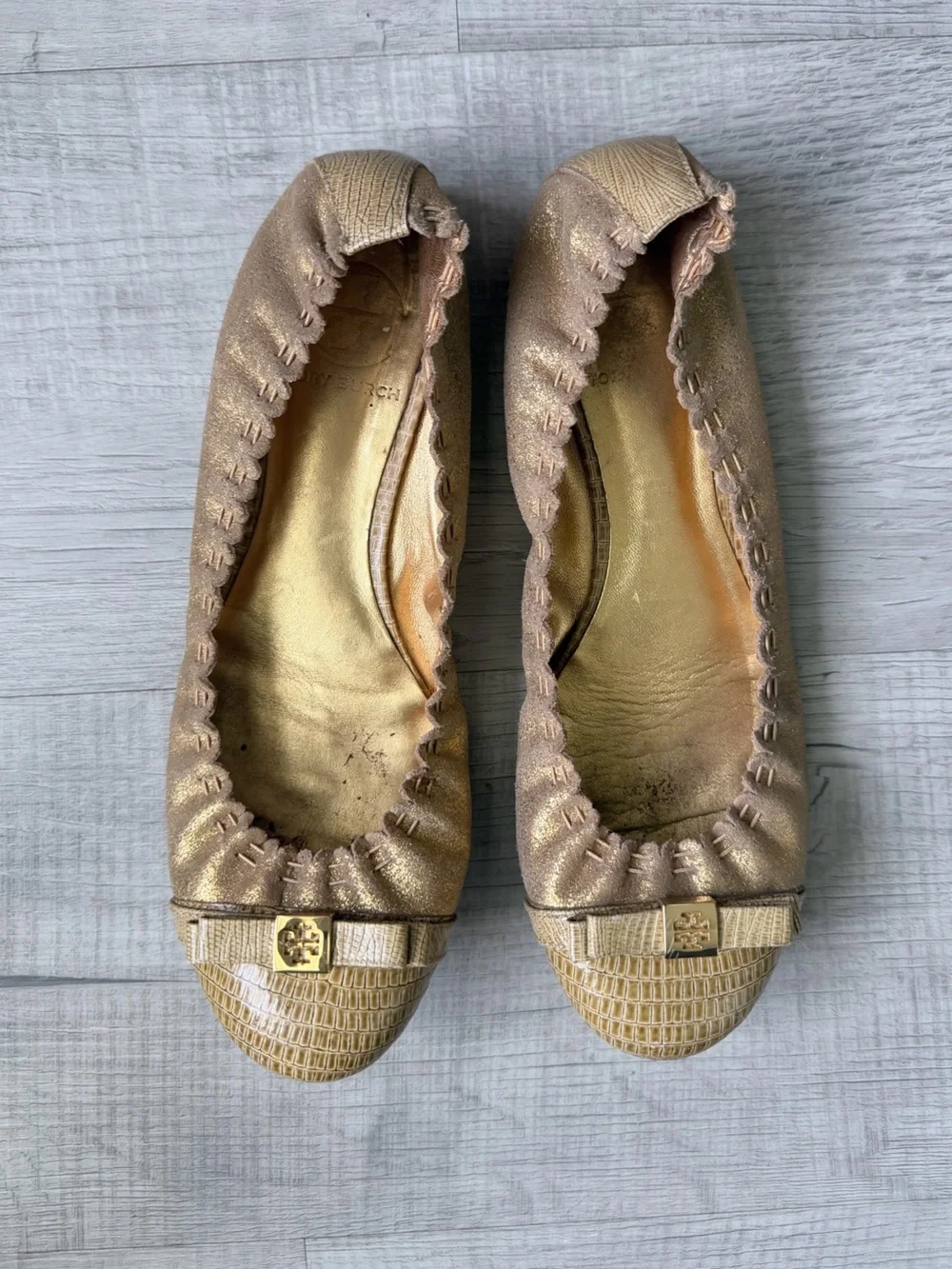 Tory Burch Metallic Gold Elastic Ballet Flats with Logo Bow 8